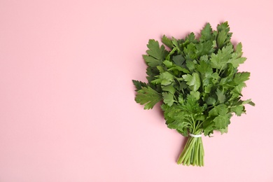 Photo of Bunch of fresh green parsley on color background, view from above. Space for text