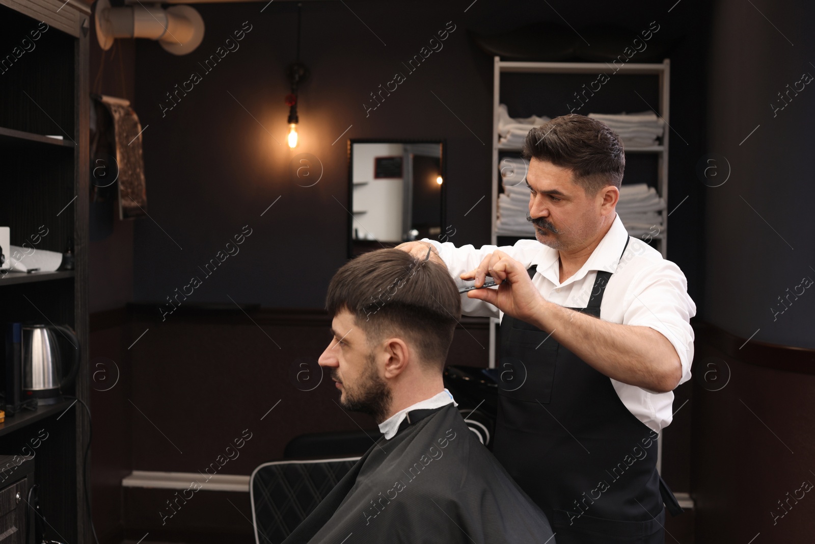 Photo of Professional hairdresser cutting man's hair in barbershop