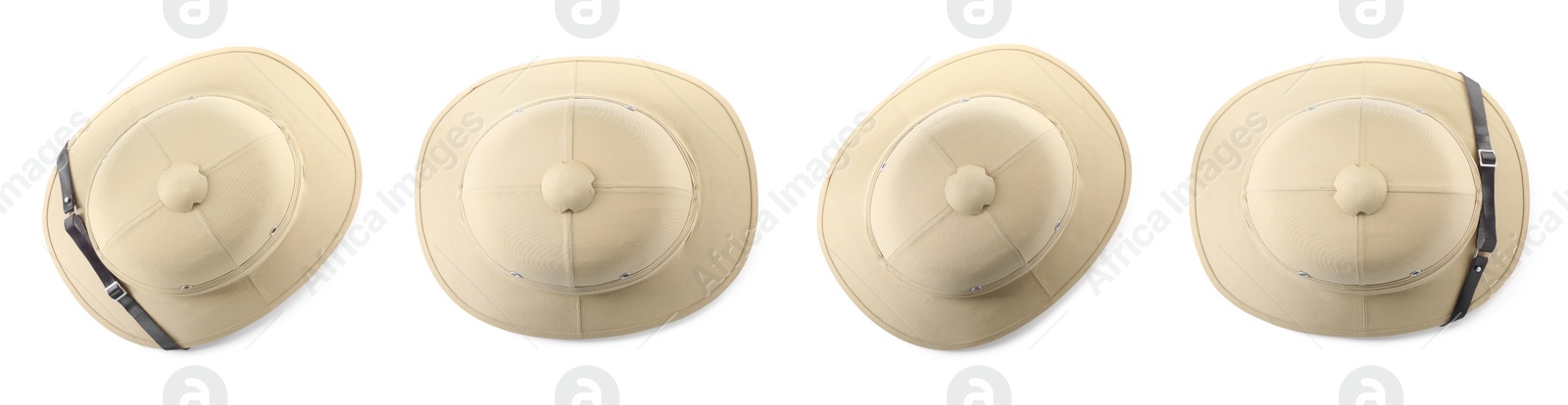 Image of Set with stylish safari hats on white background, top view. Banner design