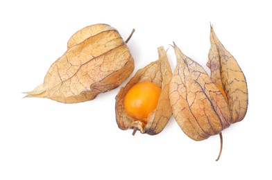 Ripe physalis fruits with calyxes isolated on white, top view