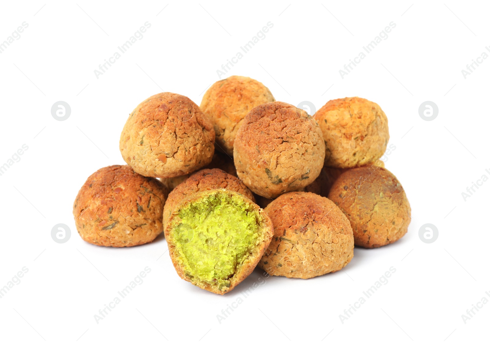 Photo of Pile of delicious falafel balls on white background