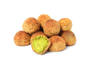 Photo of Pile of delicious falafel balls on white background