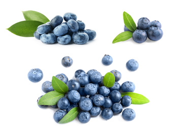 Image of Set of fresh blueberries with leaves on white background