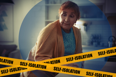 Image of Self-isolation - important measure during coronavirus outbreak. Elderly woman with cup in kitchen 