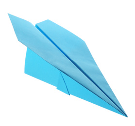 Photo of Handmade light blue paper plane isolated on white