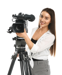 Photo of Operator with professional video camera on white background