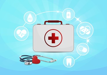 First aid kit, stethoscope and different icons on light blue background, illustration