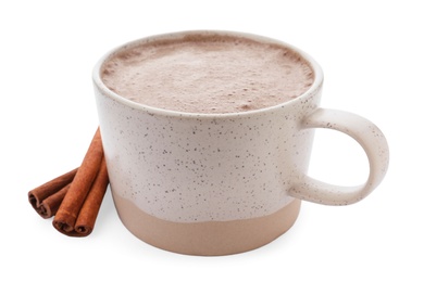 Photo of Delicious cocoa drink in cup and cinnamon sticks on white background