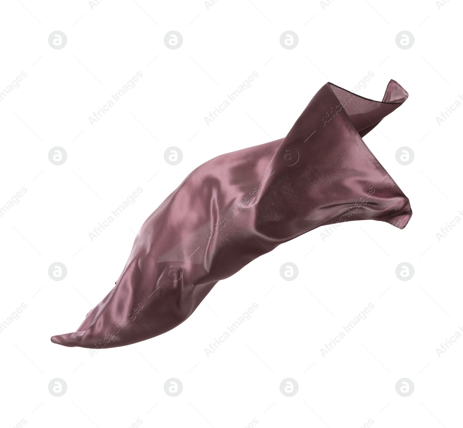 Photo of Beautiful delicate dusty rose silk floating on white background