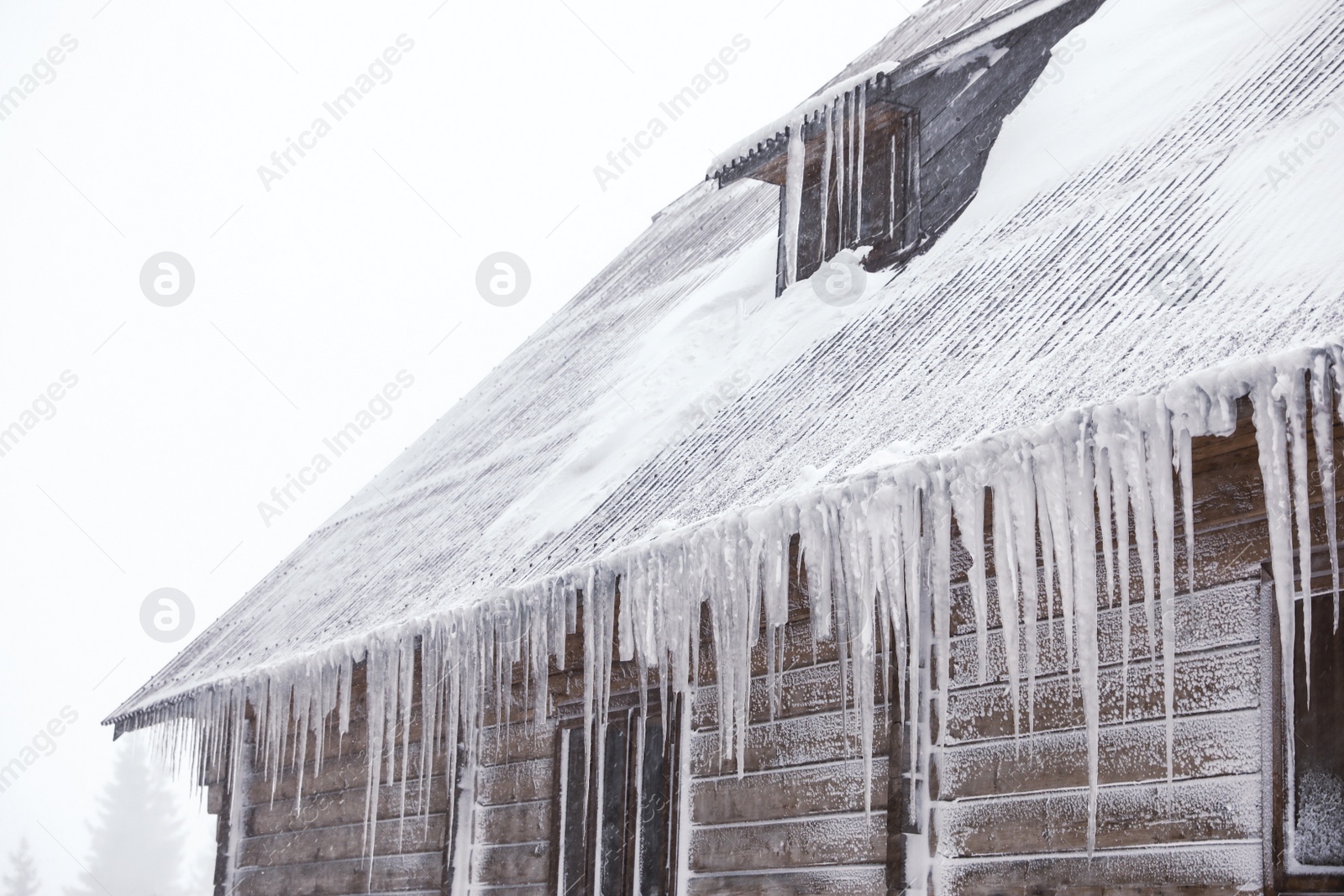 Photo of Wooden house with icicles on snowy day. Winter vacation