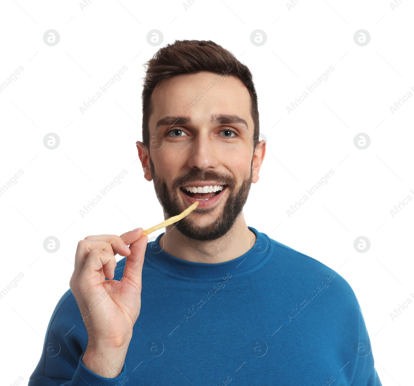 Photo of Man eating French fries on white background