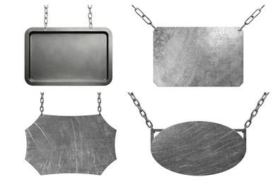 Image of Set of metal signboards with chains isolated on white