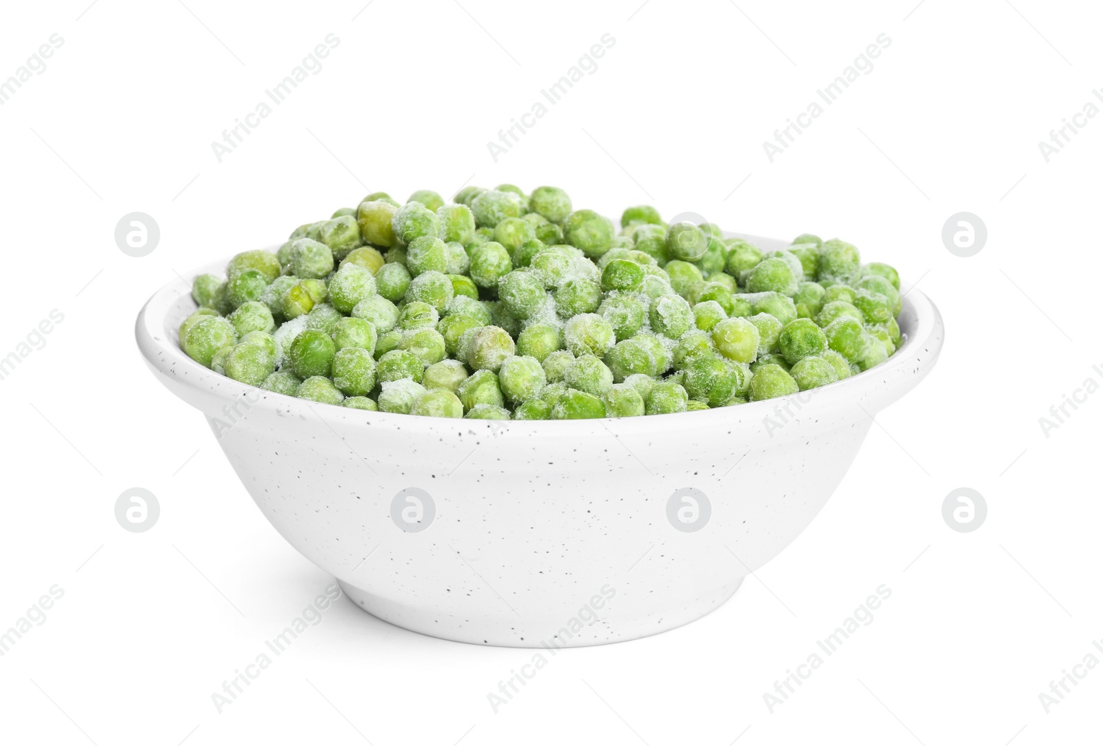 Photo of Frozen peas in bowl isolated on white. Vegetable preservation