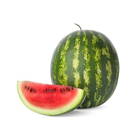 Photo of Whole and sliced ripe watermelon on white background