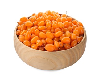 Photo of Fresh ripe sea buckthorn berries in bowl on white background