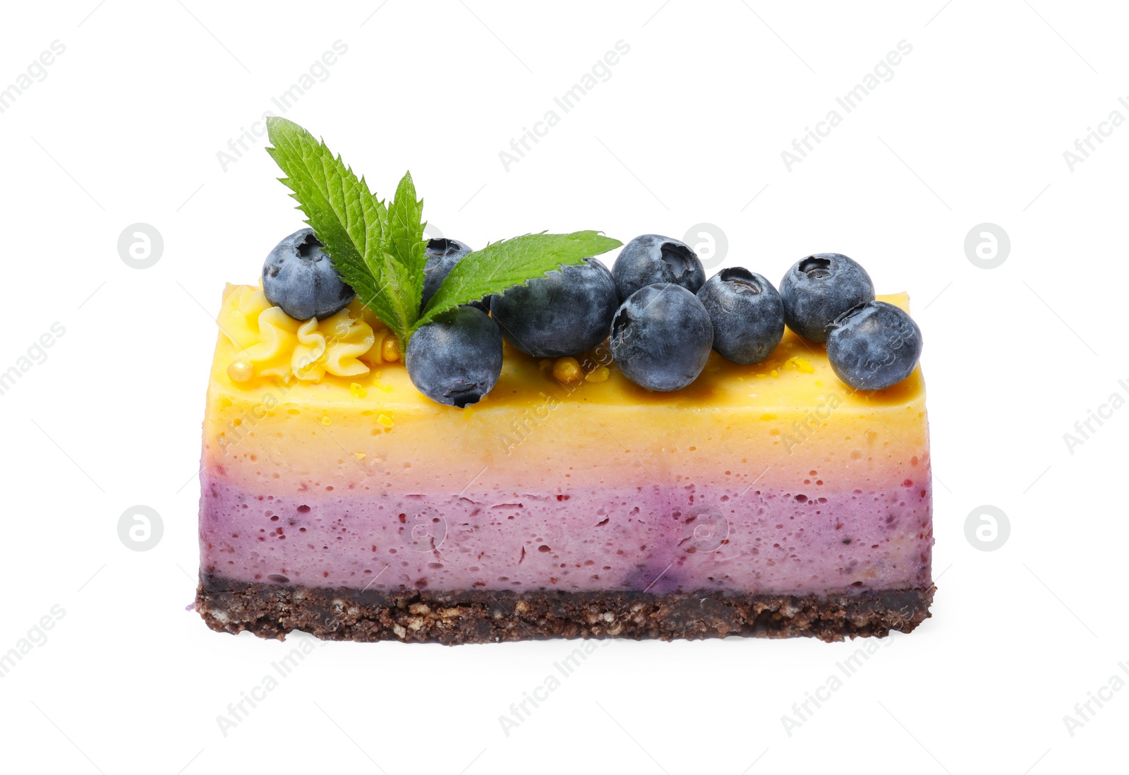 Photo of Delicious cheesecake with blueberry and mint isolated on white