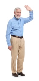 Senior man waving hand on white background