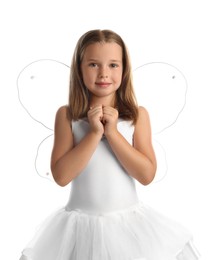 Photo of Cute little girl in fairy costume with wings on white background