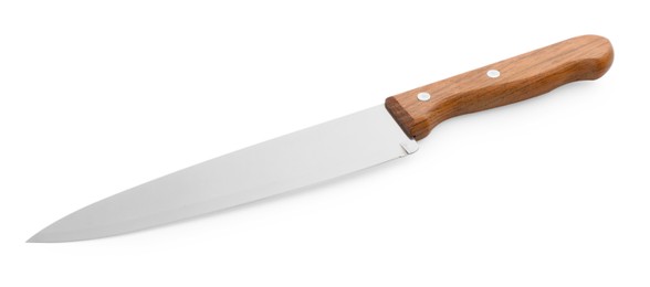 Photo of One sharp knife with wooden handle isolated on white