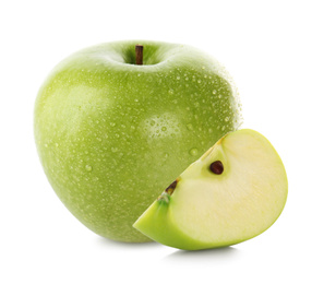 Image of Cut and whole green apples on white background