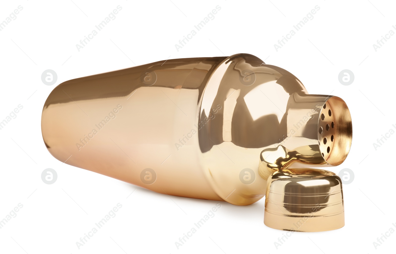 Photo of Metal cocktail shaker and cap on white background