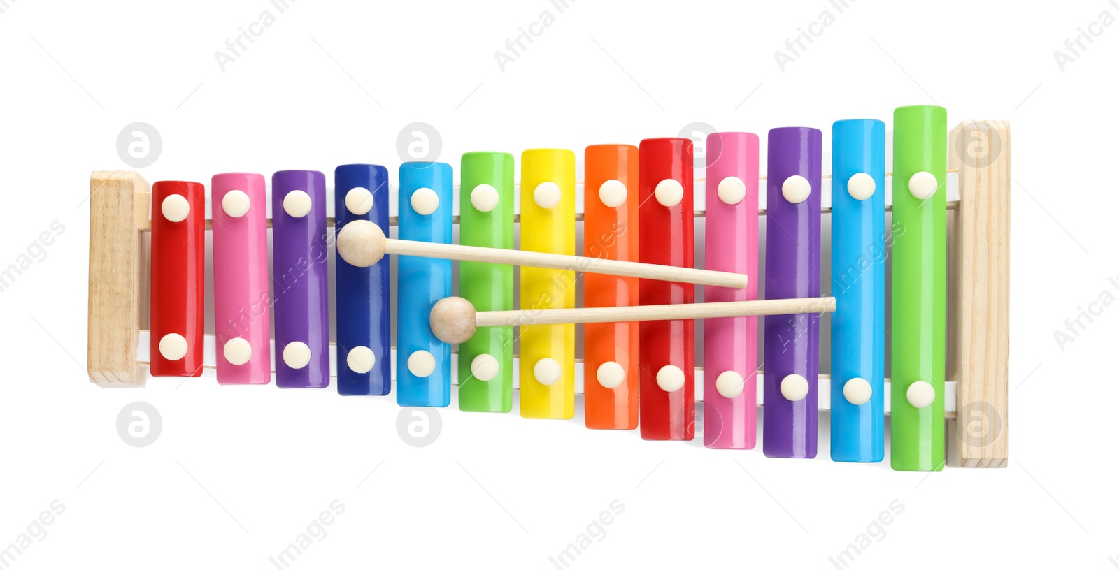 Photo of Colorful toy xylophone isolated on white, top view