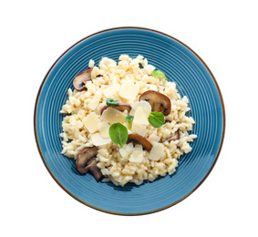 Delicious risotto with cheese and mushrooms isolated on white, top view