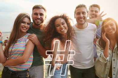 Image of Hashtag icon and group of happy people taking selfie outdoors