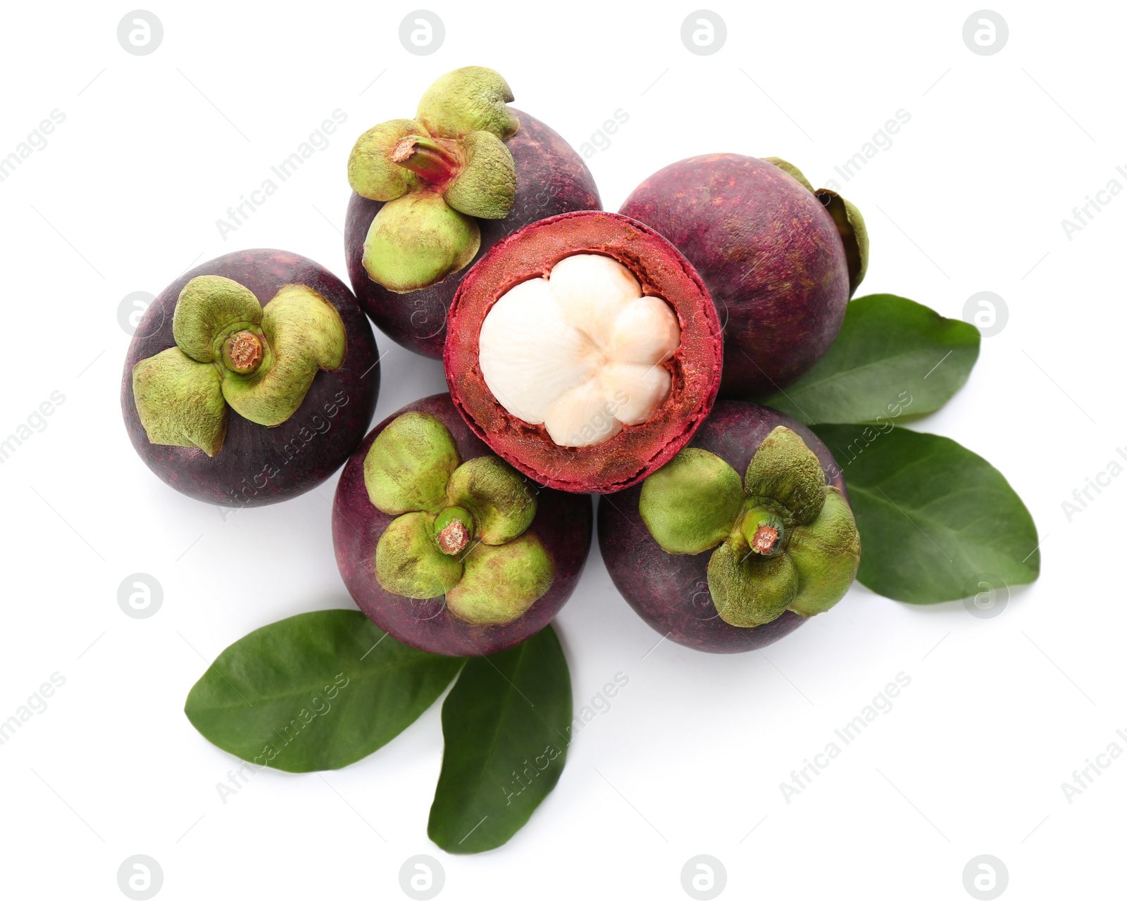 Photo of Fresh mangosteen fruits with green leaves on white background, top view