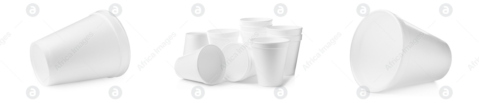 Image of Set with styrofoam cups on white background. Banner design