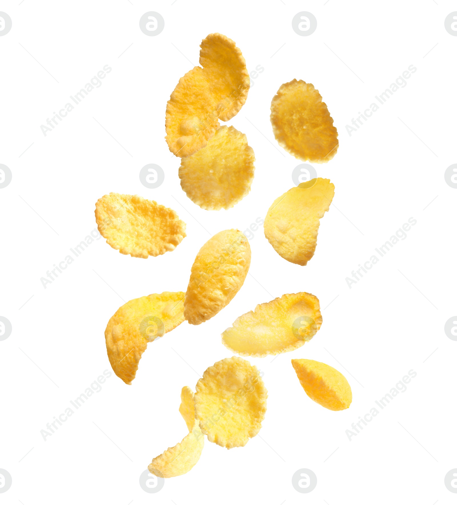 Image of Set of tasty crispy corn flakes on white background