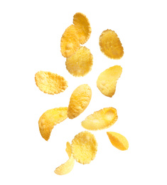 Image of Set of tasty crispy corn flakes on white background