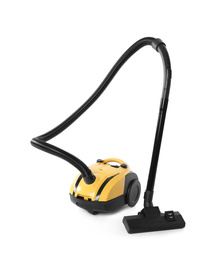 Photo of Modern yellow vacuum cleaner isolated on white