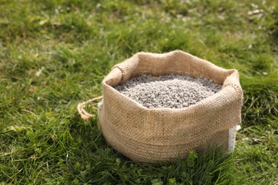 Photo of Fertilizer in bag on green grass outdoors