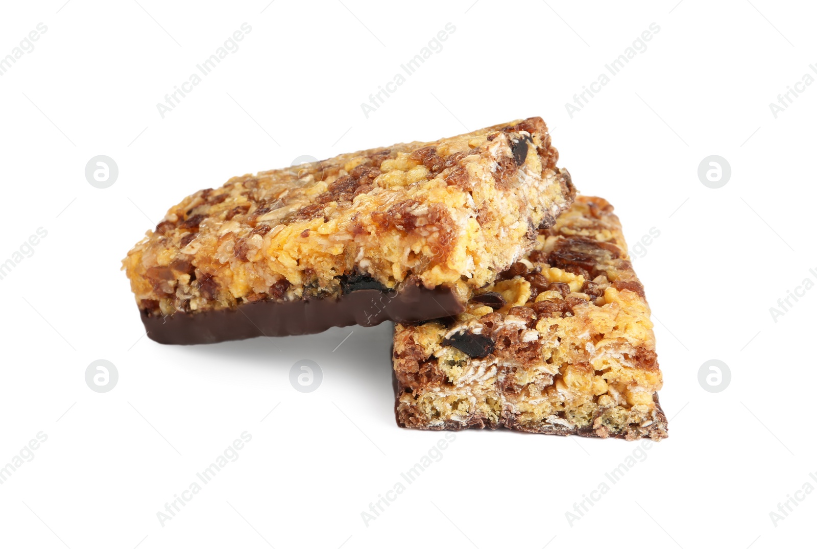 Photo of Halves of tasty protein bar with granola on white background