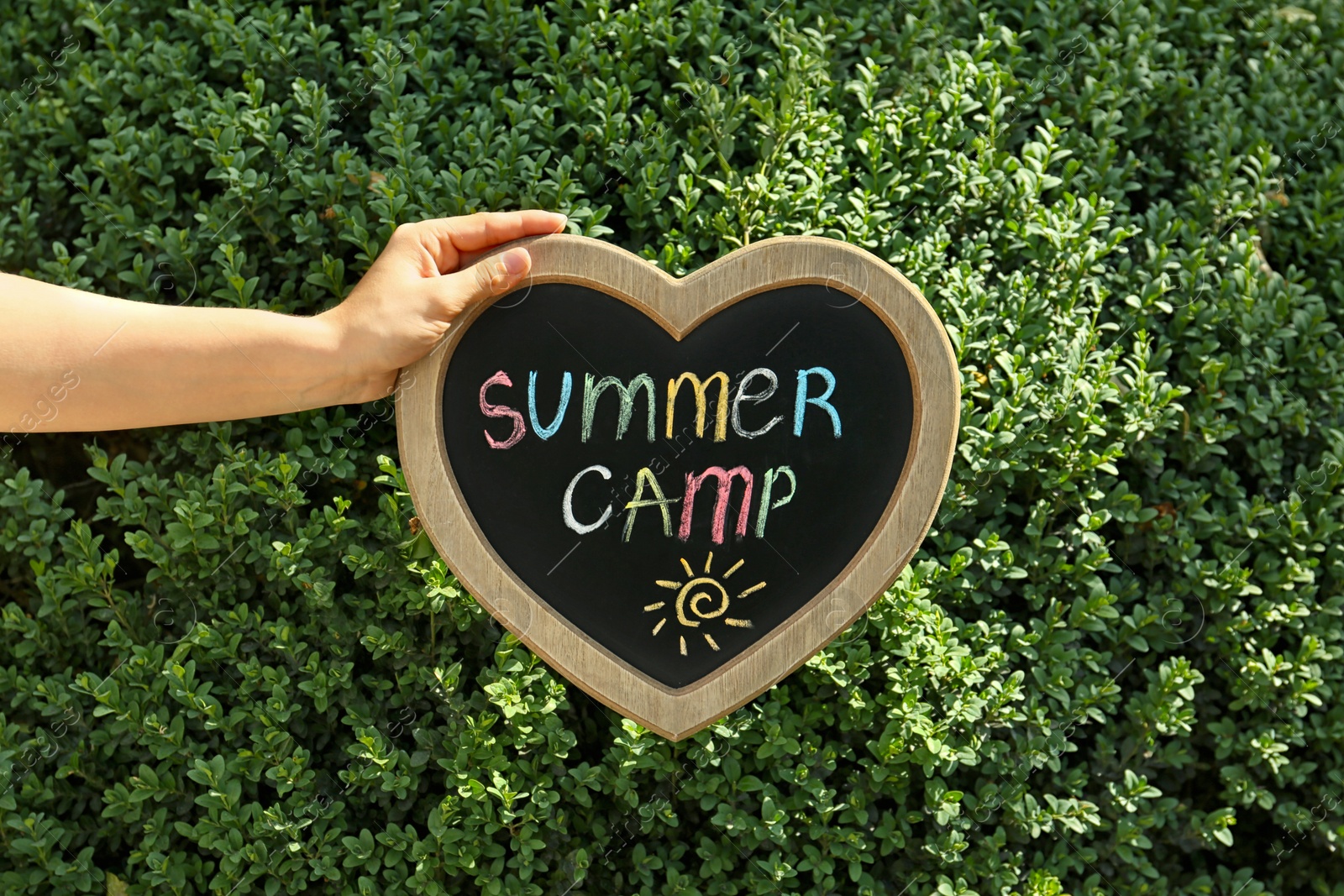 Photo of Woman holding heart shaped blackboard with text SUMMER CAMP and drawing near green bush, outdoors