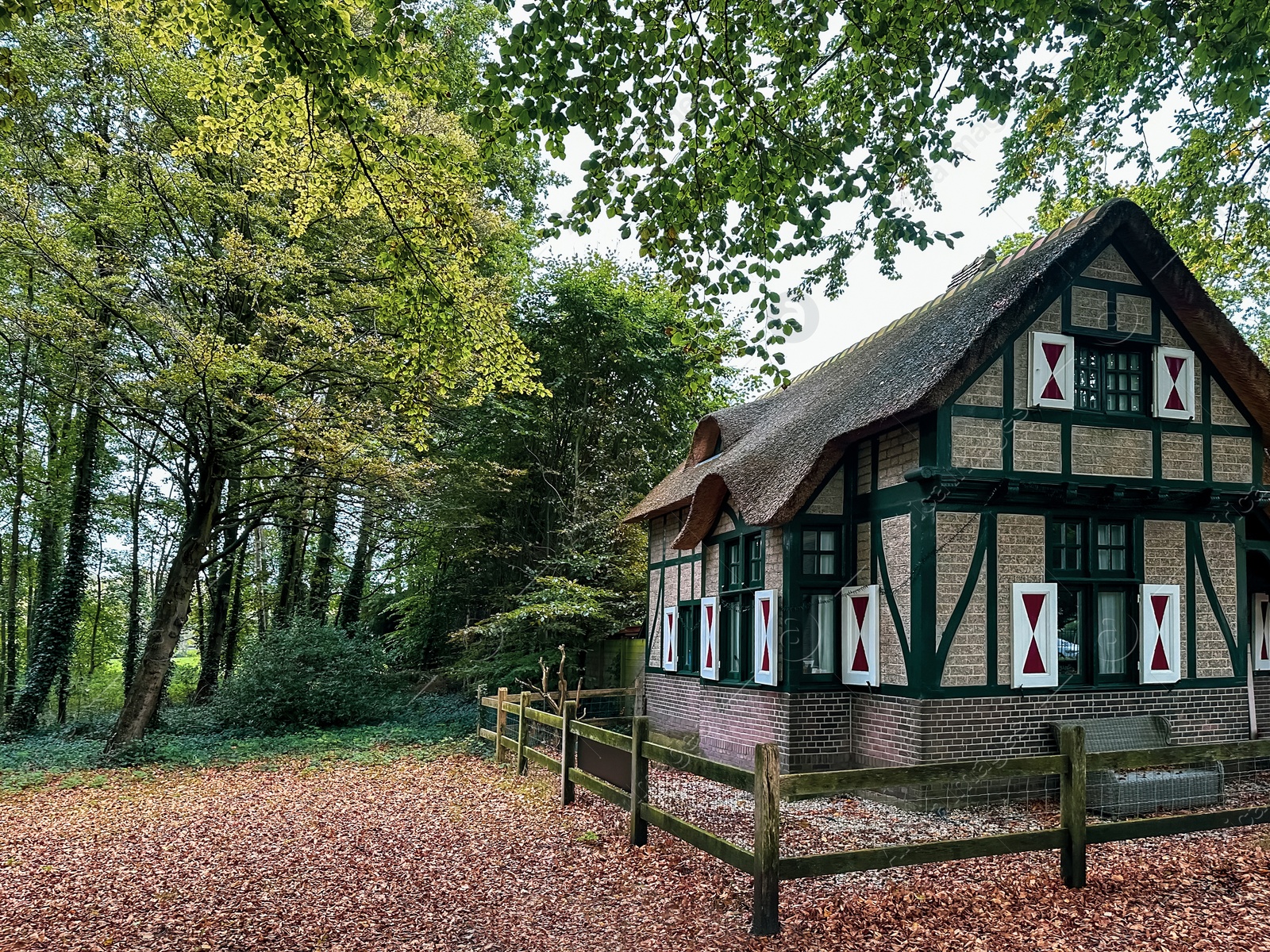 Photo of Beautiful grey house among trees in autumn park