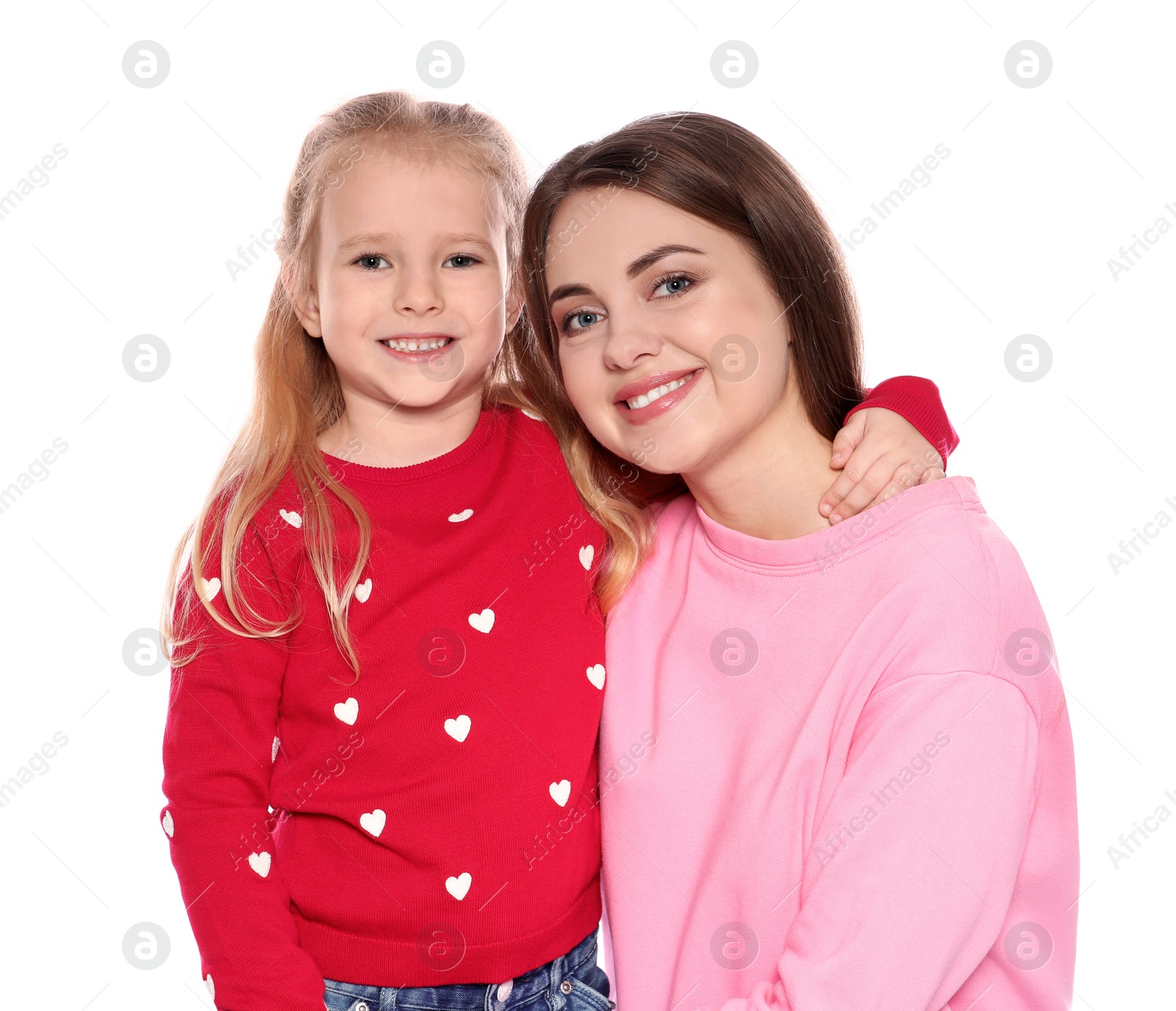 Photo of Portrait of young woman and her daughter isolated on white