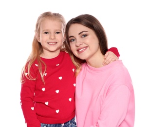 Photo of Portrait of young woman and her daughter isolated on white