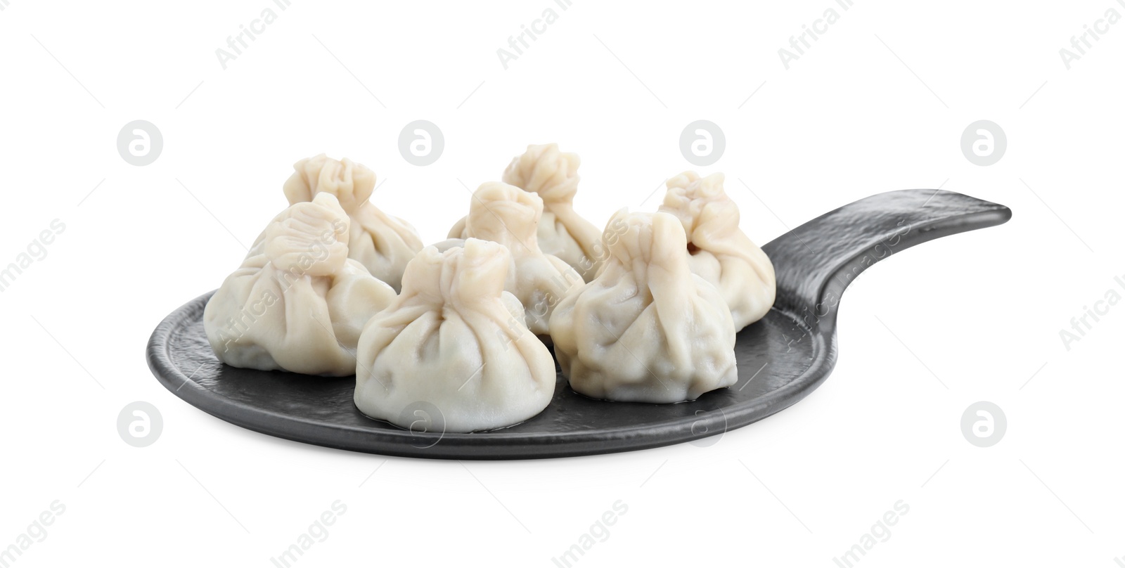 Photo of Serving board with tasty fresh khinkali (dumplings) isolated on white. Georgian cuisine