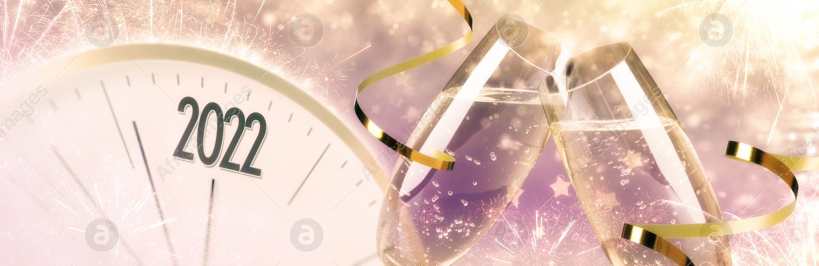 Image of Glasses of sparkling wine, clock, shiny streamers and firework on color background, banner design. Countdown to New Year 2022