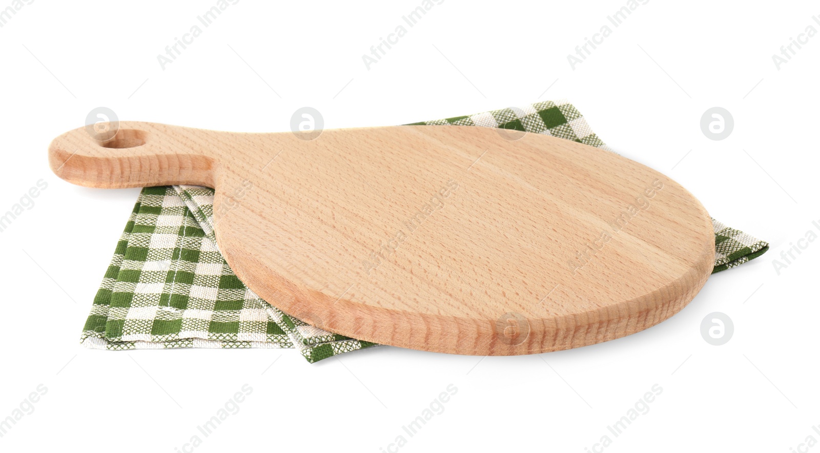 Photo of Wooden cutting board and napkin isolated on white