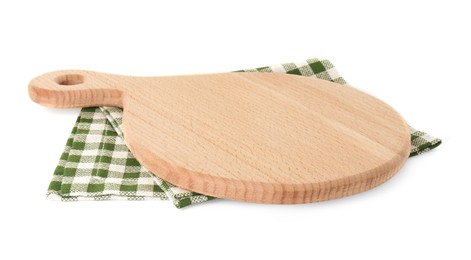 Photo of Wooden cutting board and napkin isolated on white