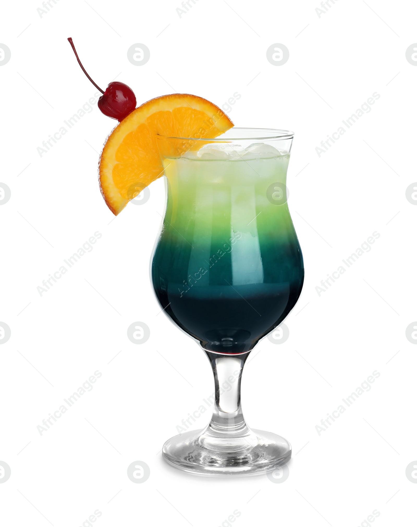 Photo of Glass of Blue Lagoon cocktail on white background. Traditional alcoholic drink