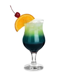 Glass of Blue Lagoon cocktail on white background. Traditional alcoholic drink