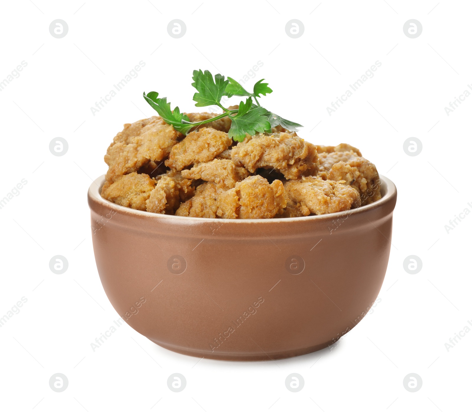 Photo of Delicious cooked soy meat with parsley in bowl on white background