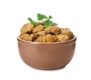 Delicious cooked soy meat with parsley in bowl on white background