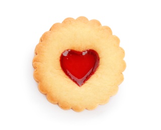 Photo of Traditional Christmas Linzer cookie with sweet jam on white background