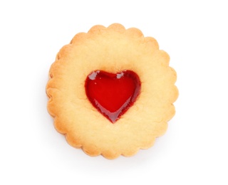 Traditional Christmas Linzer cookie with sweet jam on white background