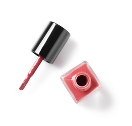 Bottle of color nail polish with brush on white background, top view